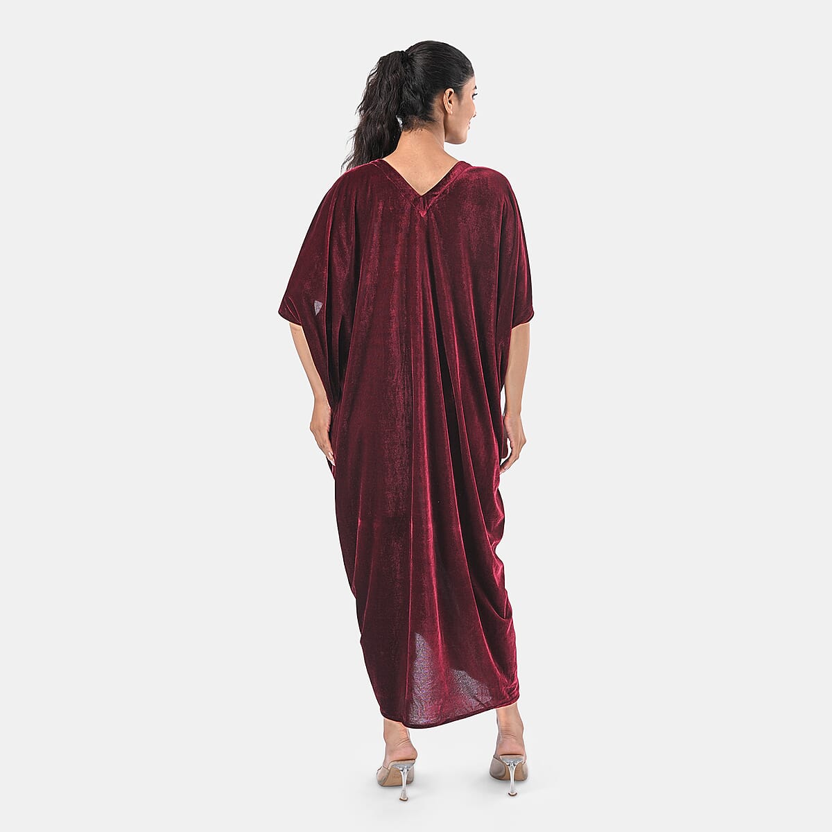 TAMSY Merlot Stretch Velvet Drape Kaftan Dress with Front Button Detail- One Size Fits Most image number 4