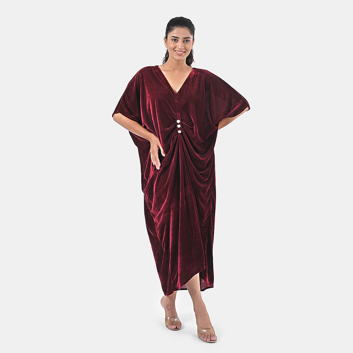 TAMSY Merlot Stretch Velvet Drape Kaftan Dress with Front Button Detail- One Size Fits Most image number 5