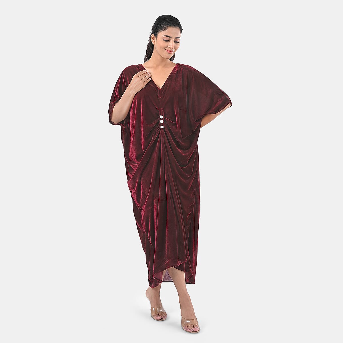 TAMSY Merlot Stretch Velvet Drape Kaftan Dress with Front Button Detail- One Size Fits Most image number 6