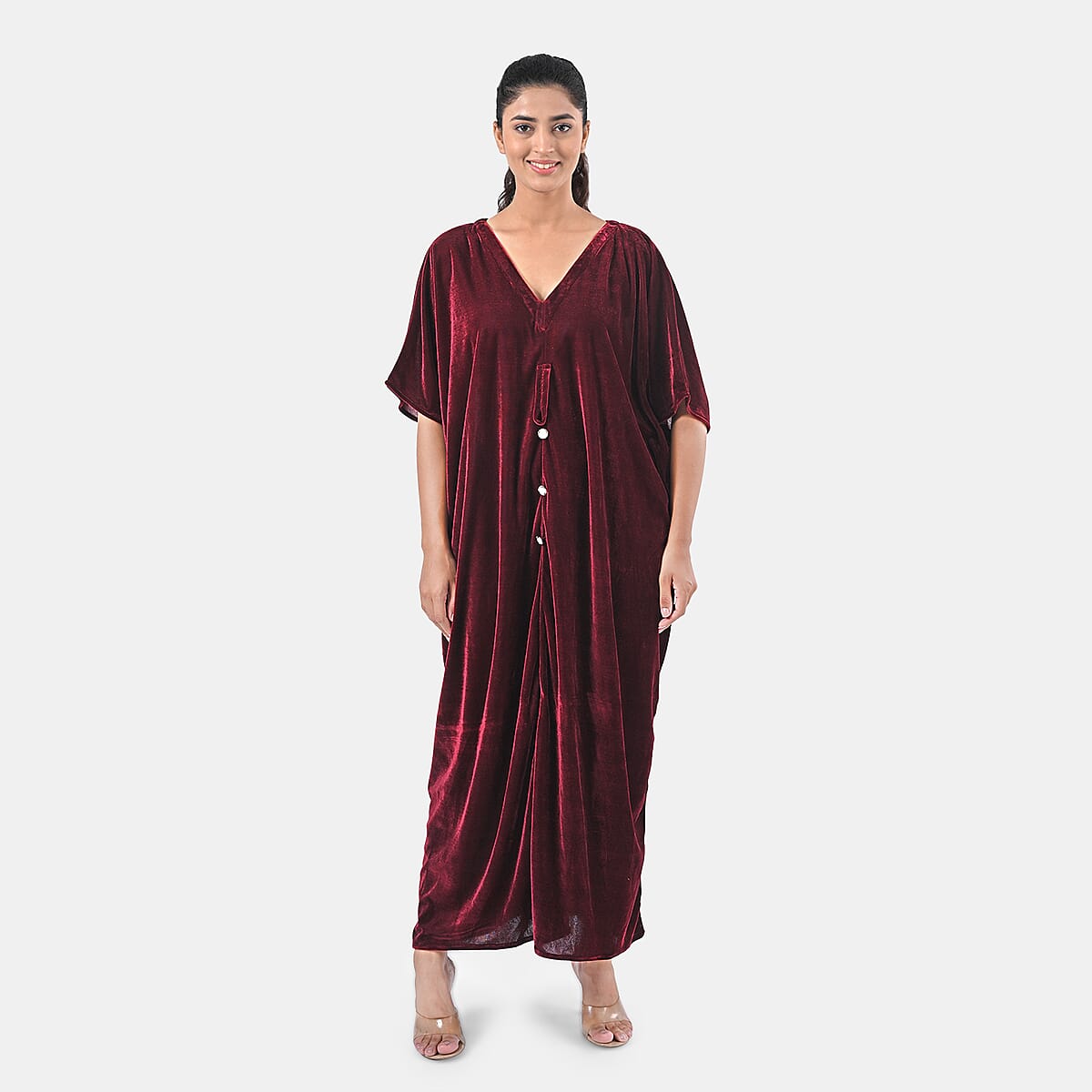TAMSY Merlot Stretch Velvet Drape Kaftan Dress with Front Button Detail- One Size Fits Most image number 7