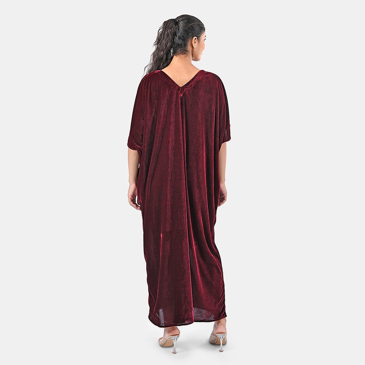 TAMSY Merlot Stretch Velvet Drape Kaftan Dress with Front Button Detail- One Size Fits Most image number 8