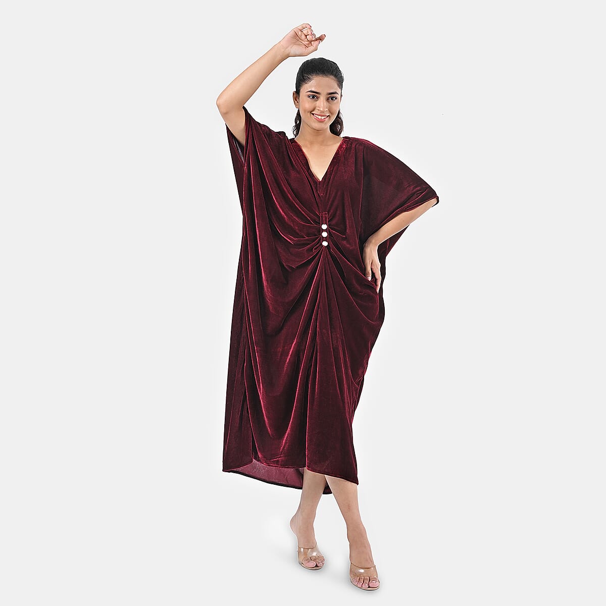 TAMSY Merlot Stretch Velvet Drape Kaftan Dress with Front Button Detail- One Size Fits Most image number 9