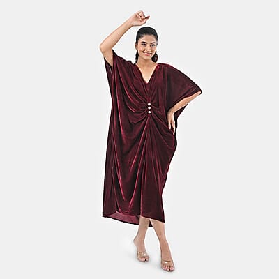 TAMSY Merlot Stretch Velvet Drape Kaftan Dress with Front Button Detail- One Size Fits Most
