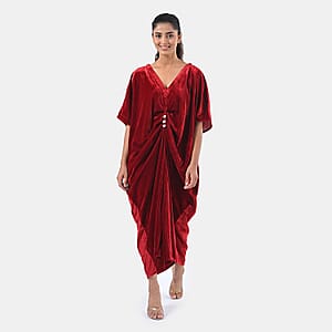 TAMSY Red Stretch Velvet Drape Kaftan Dress with Front Button Detail- One Size Fits Most