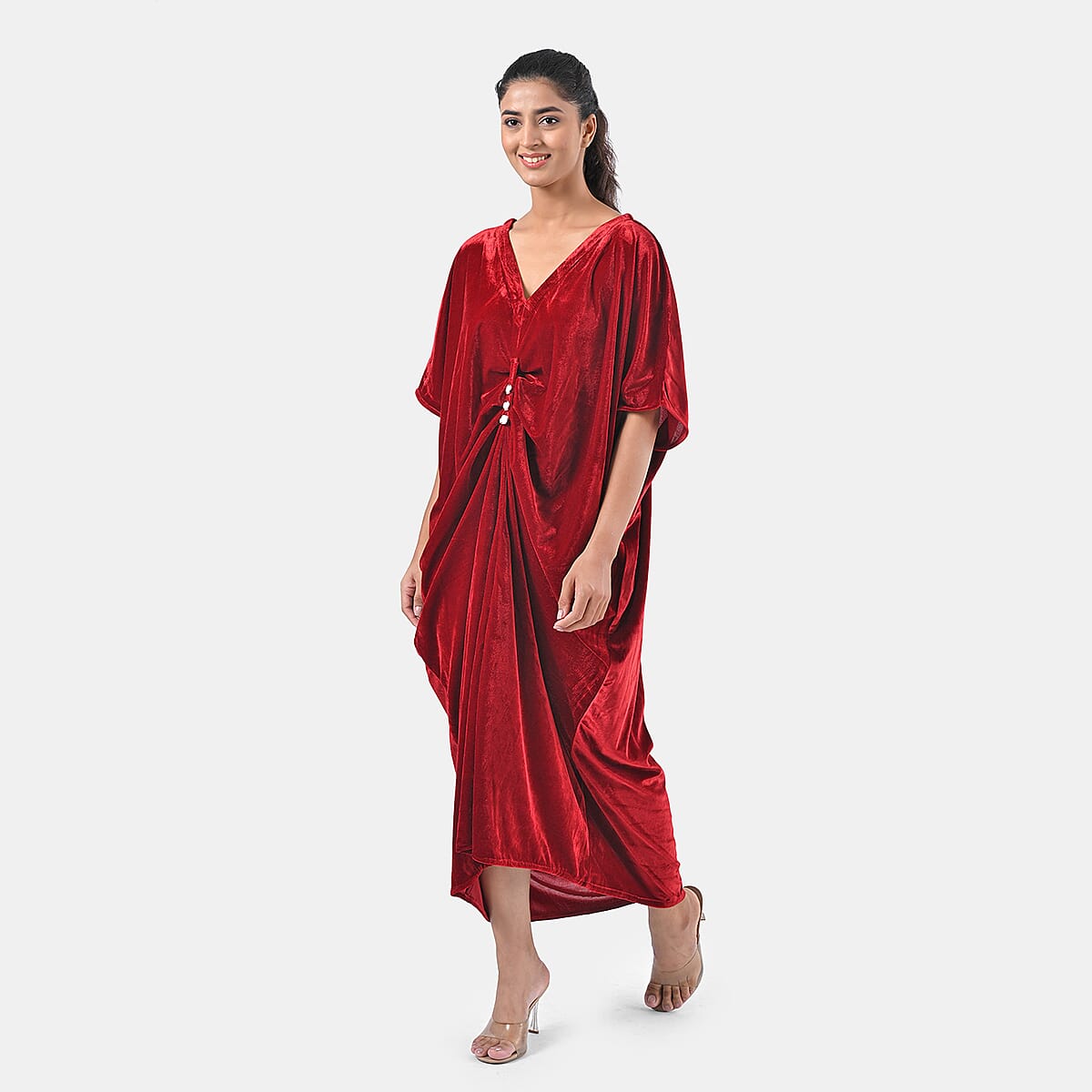 TAMSY Red Stretch Velvet Drape Kaftan Dress with Front Button Detail- One Size Fits Most image number 1