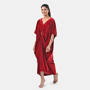 TAMSY Red Stretch Velvet Drape Kaftan Dress with Front Button Detail- One Size Fits Most