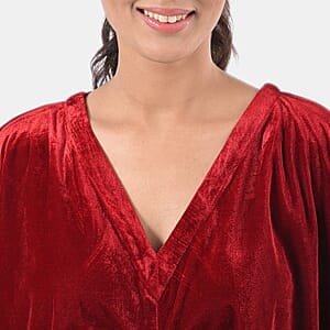 TAMSY Red Stretch Velvet Drape Kaftan Dress with Front Button Detail- One Size Fits Most
