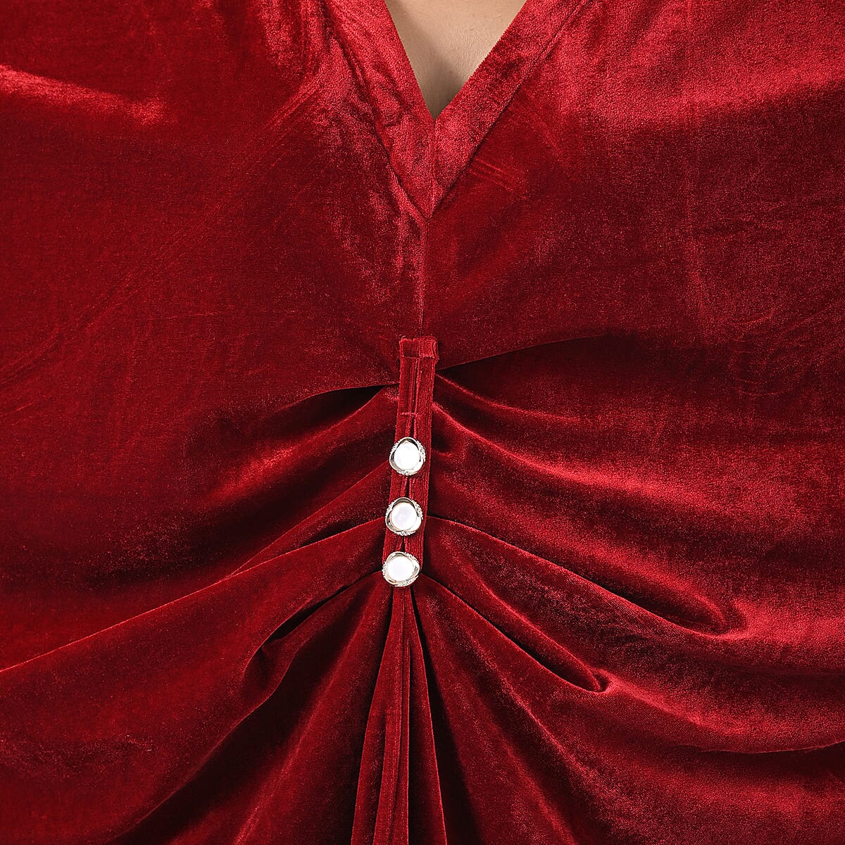 TAMSY Red Stretch Velvet Drape Kaftan Dress with Front Button Detail- One Size Fits Most image number 3