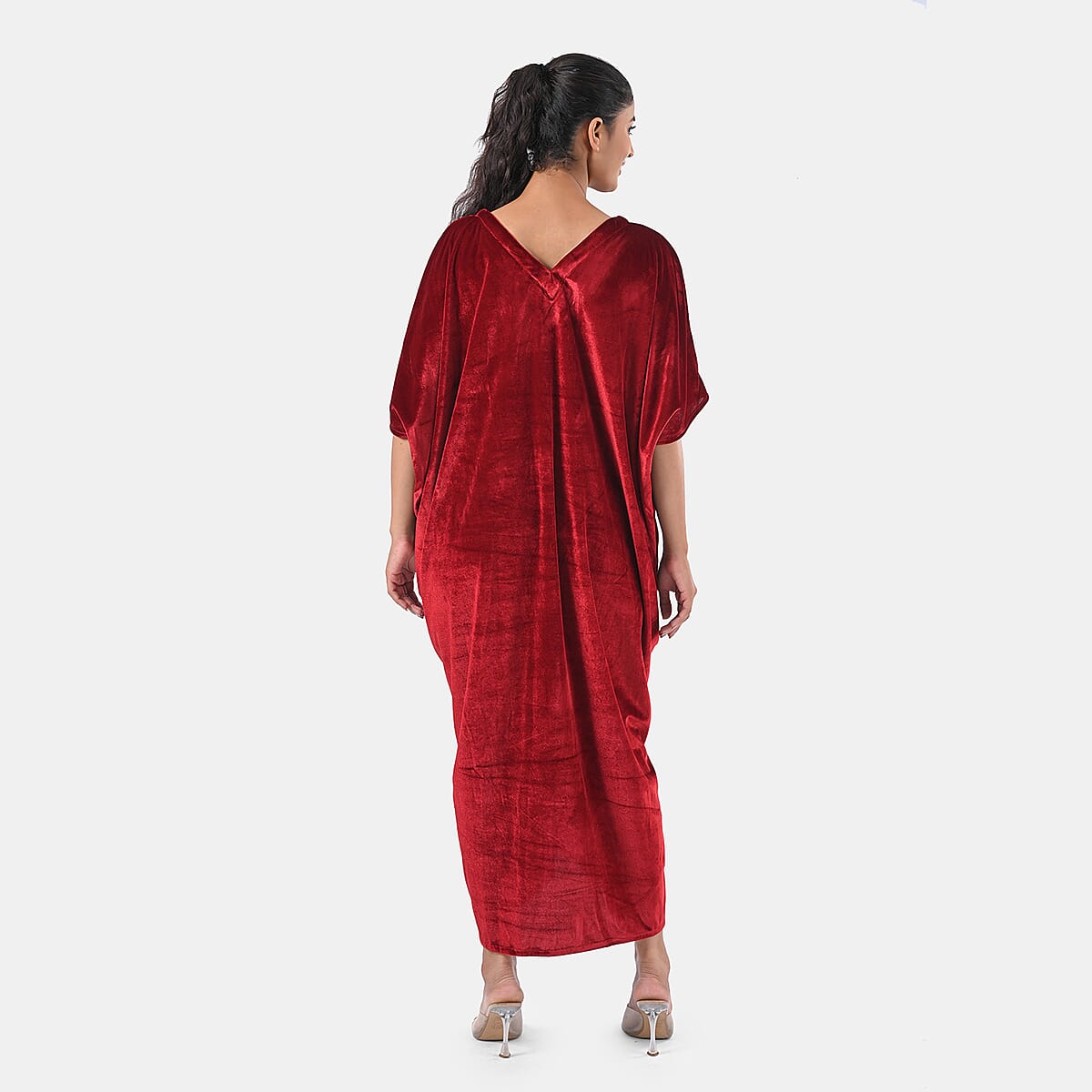 TAMSY Red Stretch Velvet Drape Kaftan Dress with Front Button Detail- One Size Fits Most image number 4