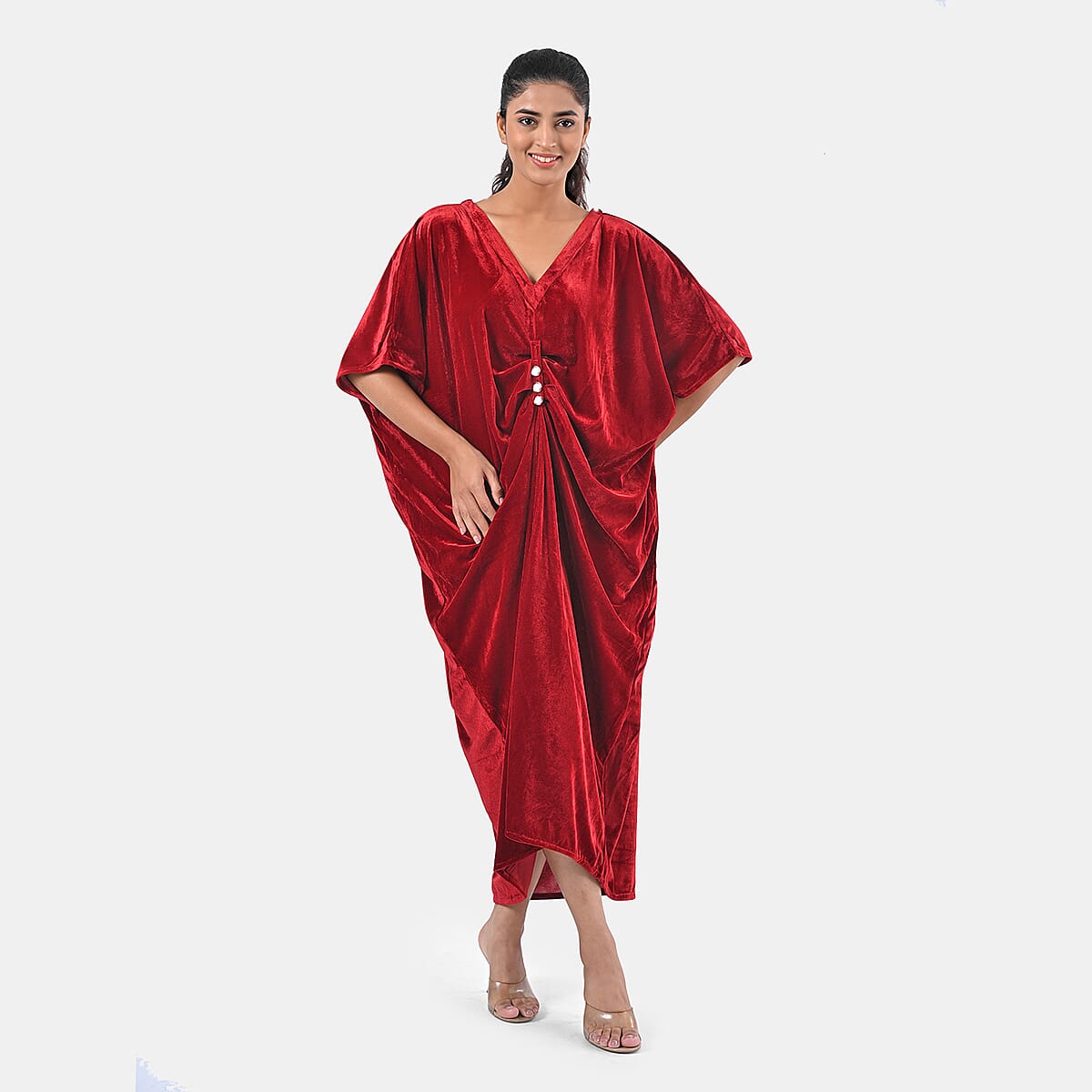 TAMSY Red Stretch Velvet Drape Kaftan Dress with Front Button Detail- One Size Fits Most image number 5