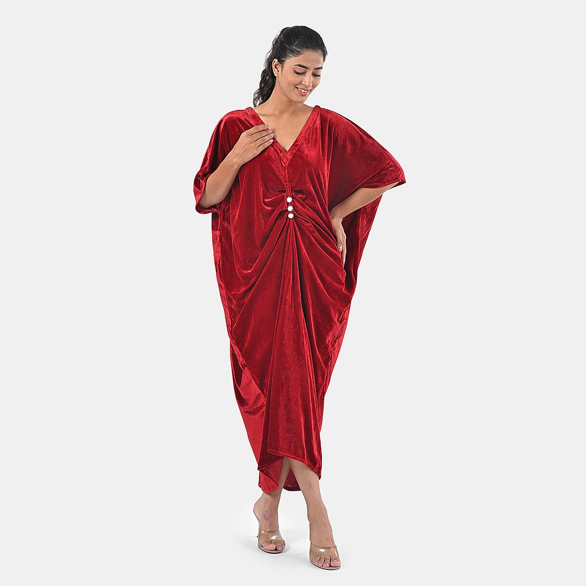 TAMSY Red Stretch Velvet Drape Kaftan Dress with Front Button Detail- One Size Fits Most image number 6