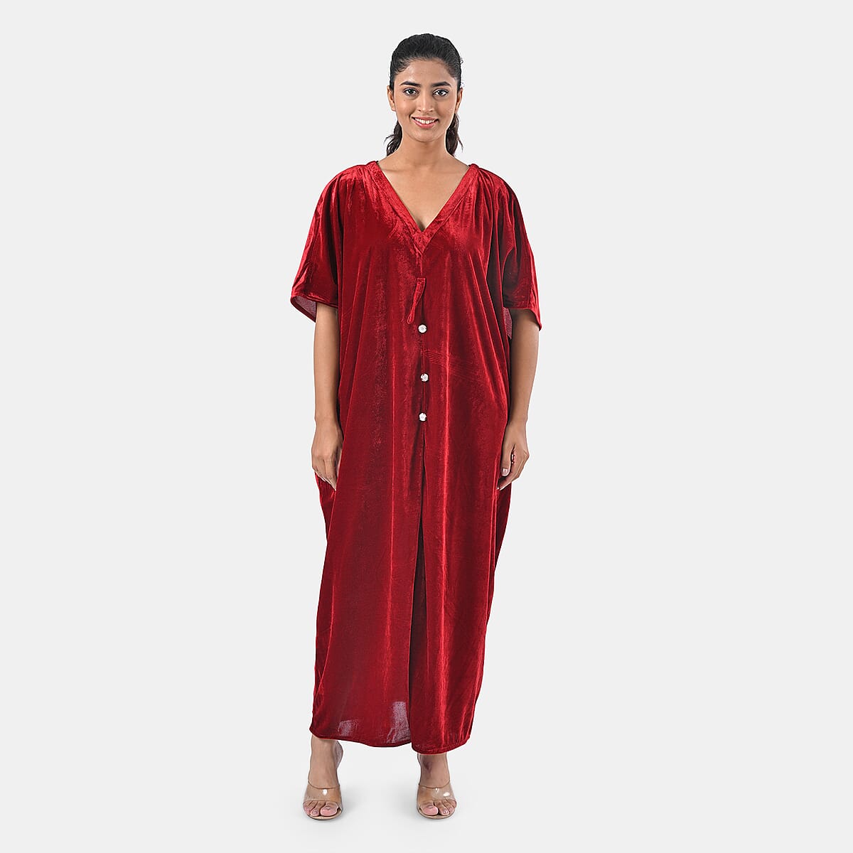 TAMSY Red Stretch Velvet Drape Kaftan Dress with Front Button Detail- One Size Fits Most image number 7