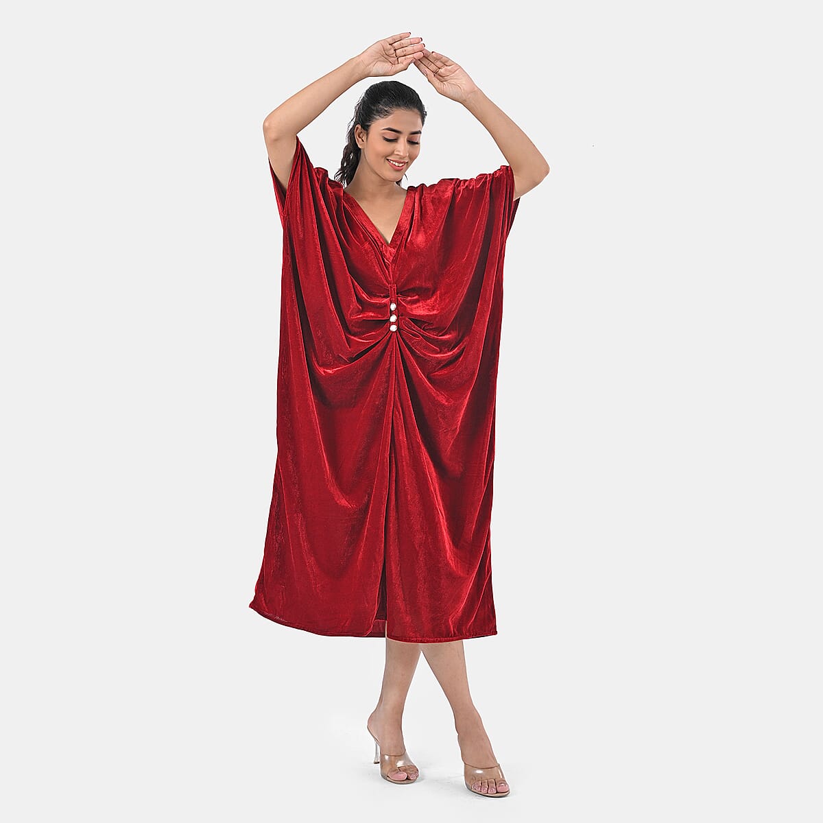 TAMSY Red Stretch Velvet Drape Kaftan Dress with Front Button Detail- One Size Fits Most image number 9