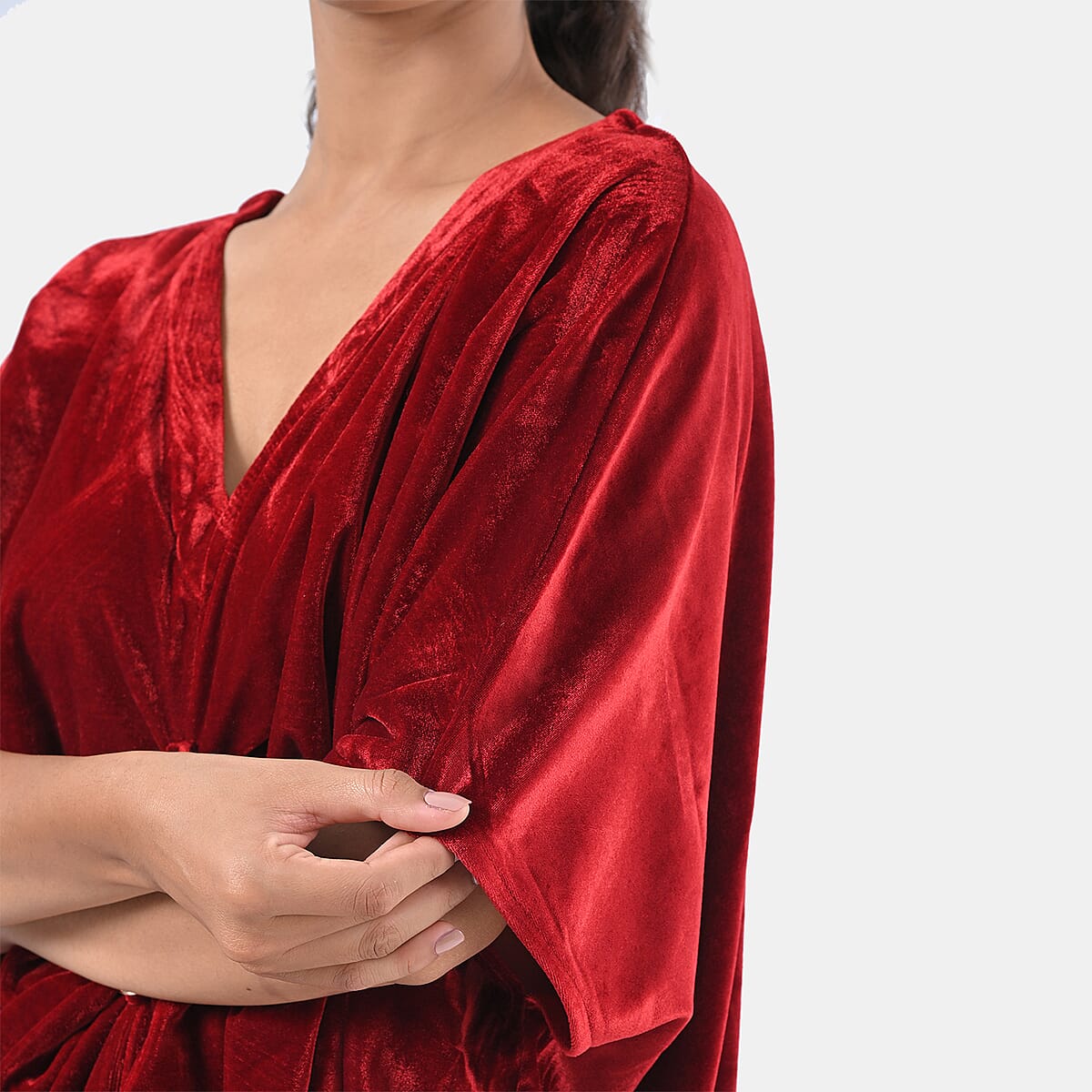 TAMSY Red Stretch Velvet Drape Kaftan Dress with Front Button Detail- One Size Fits Most image number 11