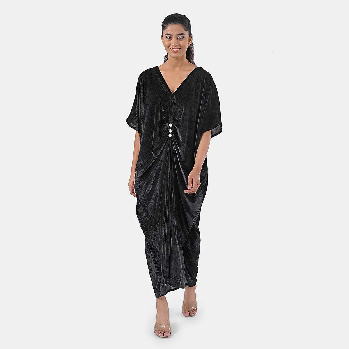 TAMSY Black Stretch Velvet Drape Kaftan Dress with Front Button Detail- One Size Fits Most image number 0