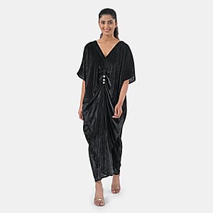 TAMSY Black Stretch Velvet Drape Kaftan Dress with Front Button Detail- One Size Fits Most