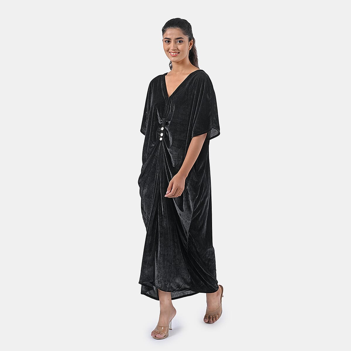 TAMSY Black Stretch Velvet Drape Kaftan Dress with Front Button Detail- One Size Fits Most image number 1