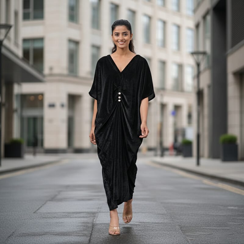 TAMSY Black Stretch Velvet Drape Kaftan Dress with Front Button Detail- One Size Fits Most