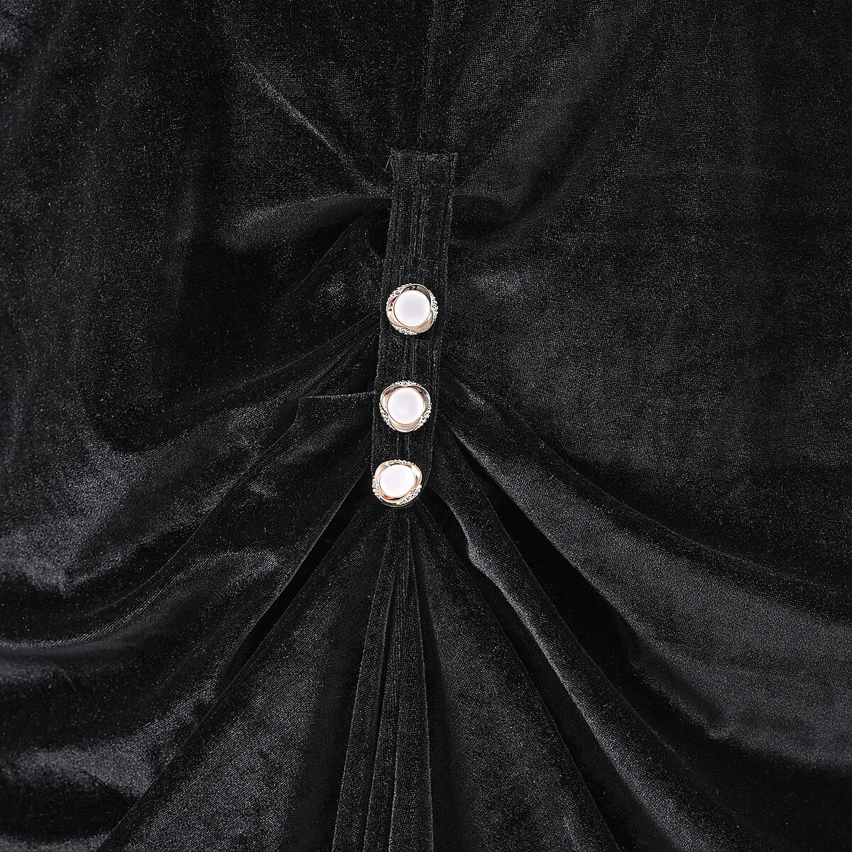 TAMSY Black Stretch Velvet Drape Kaftan Dress with Front Button Detail- One Size Fits Most image number 2