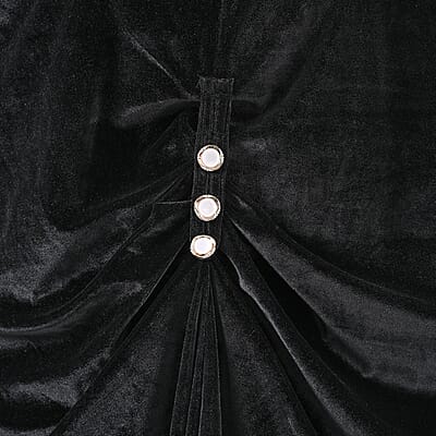 TAMSY Black Stretch Velvet Drape Kaftan Dress with Front Button Detail- One Size Fits Most