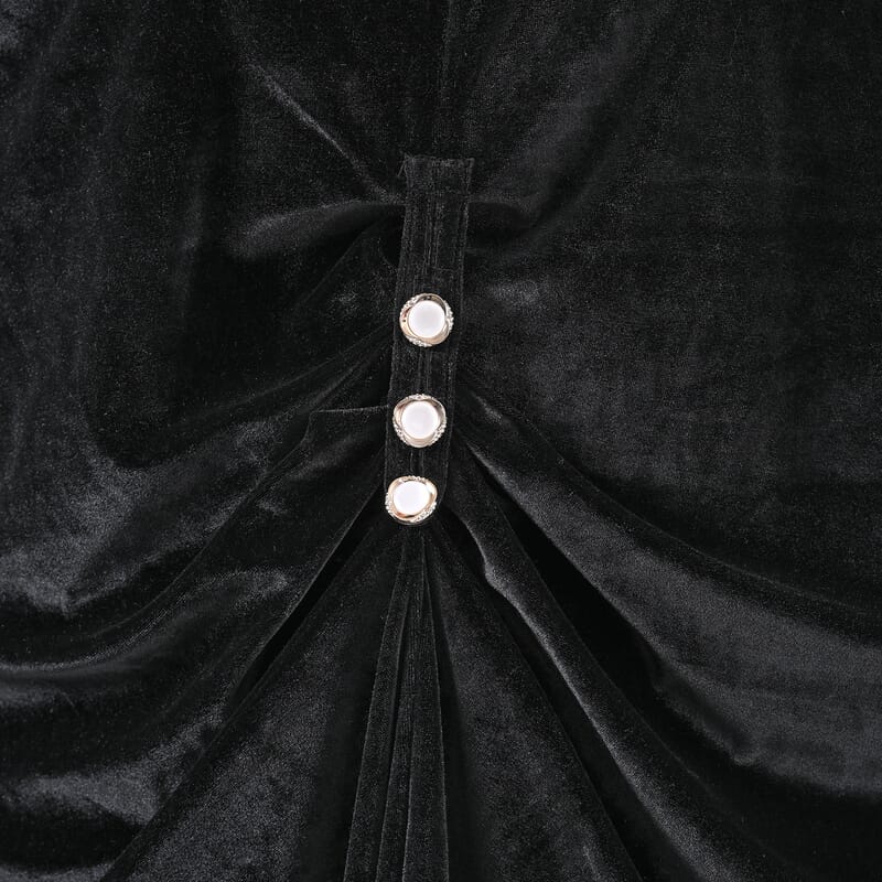 TAMSY Black Stretch Velvet Drape Kaftan Dress with Front Button Detail- One Size Fits Most