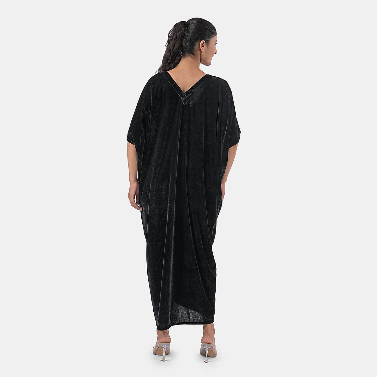 TAMSY Black Stretch Velvet Drape Kaftan Dress with Front Button Detail- One Size Fits Most image number 3