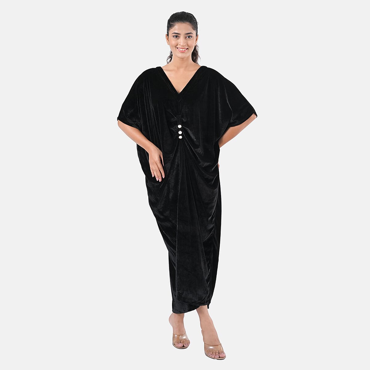 TAMSY Black Stretch Velvet Drape Kaftan Dress with Front Button Detail- One Size Fits Most image number 4