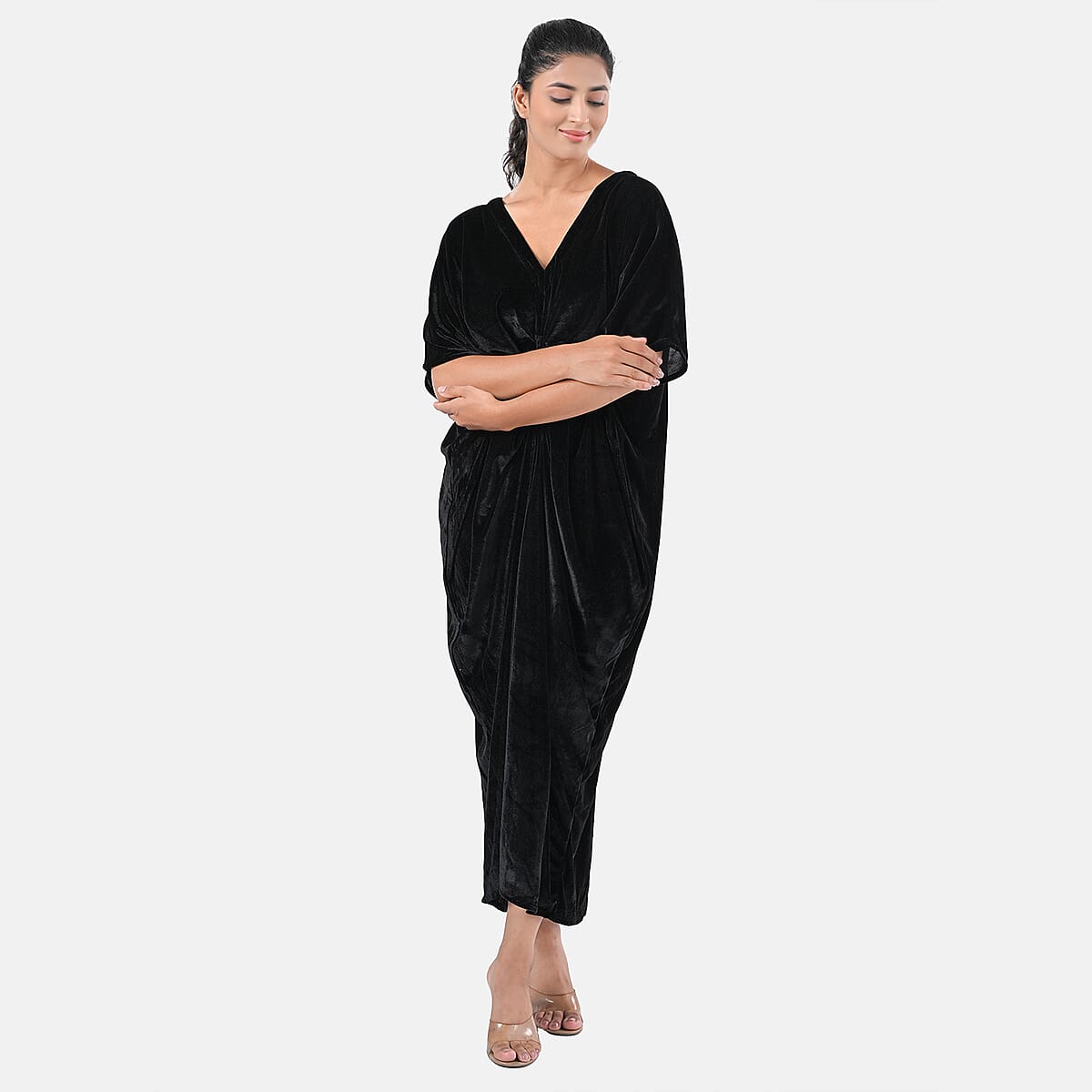 TAMSY Black Stretch Velvet Drape Kaftan Dress with Front Button Detail- One Size Fits Most image number 5