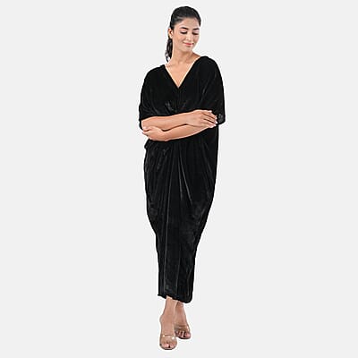 TAMSY Black Stretch Velvet Drape Kaftan Dress with Front Button Detail- One Size Fits Most