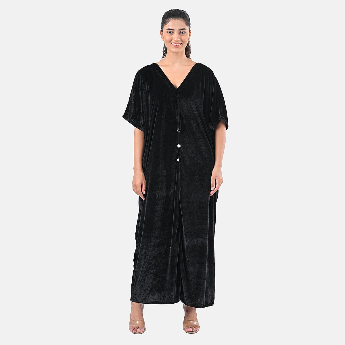 TAMSY Black Stretch Velvet Drape Kaftan Dress with Front Button Detail- One Size Fits Most image number 7
