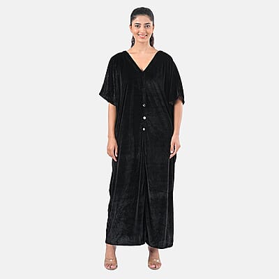 TAMSY Black Stretch Velvet Drape Kaftan Dress with Front Button Detail- One Size Fits Most