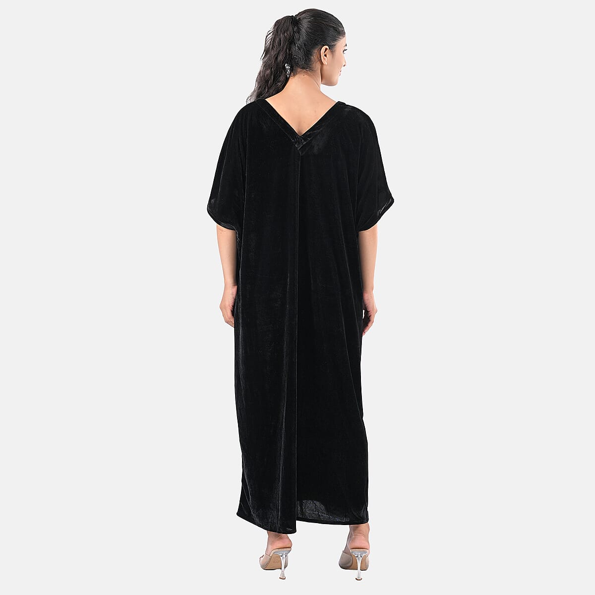 TAMSY Black Stretch Velvet Drape Kaftan Dress with Front Button Detail- One Size Fits Most image number 8