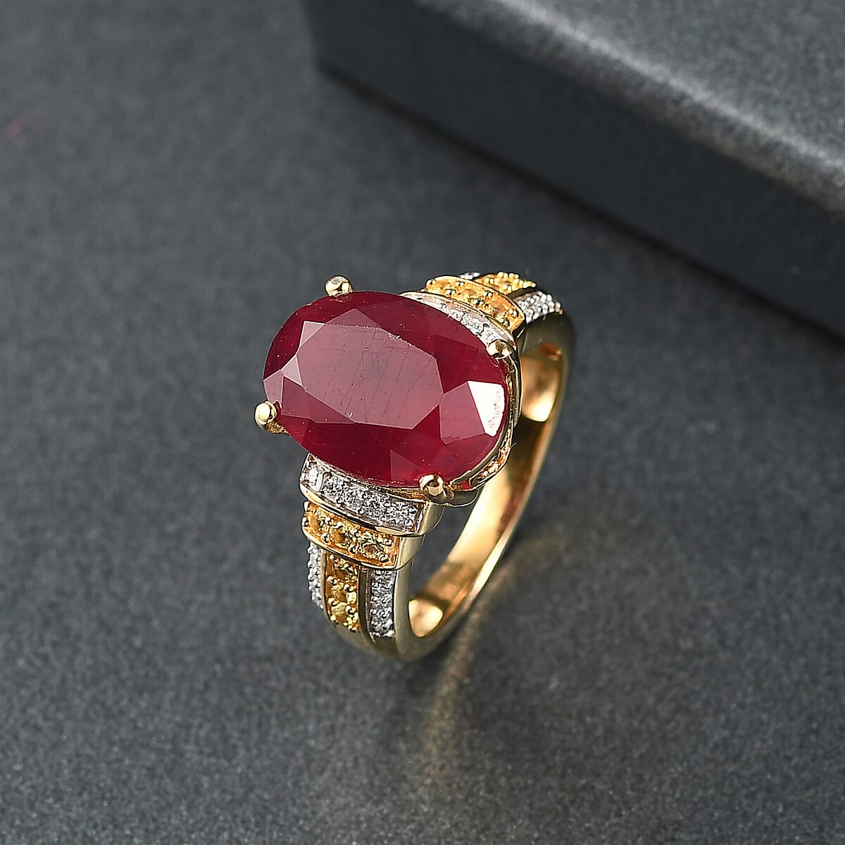 D'Joy Premium Niassa Ruby (FF) and Multi Gemstone 9.65 ctw Crimson Flower Ring in 18K Vermeil Yellow Gold Over Sterling Silver (Size 10.0) image number 1