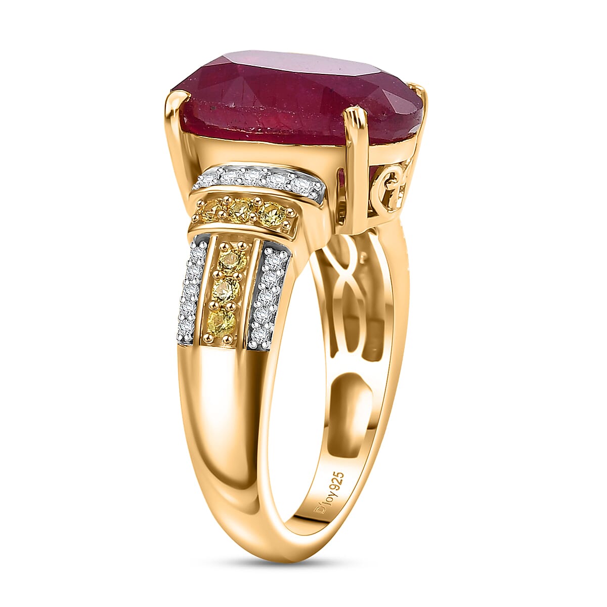D'Joy Premium Niassa Ruby (FF) and Multi Gemstone 9.65 ctw Crimson Flower Ring in 18K Vermeil Yellow Gold Over Sterling Silver (Size 10.0) image number 3