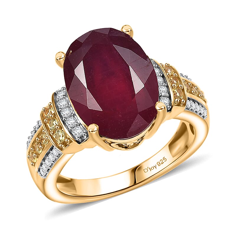 D'Joy Premium Niassa Ruby (FF) and Multi Gemstone 9.65 ctw Crimson Flower Ring in 18K Vermeil Yellow Gold Over Sterling Silver (Size 7.0)
