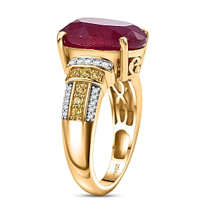 D'Joy Premium Niassa Ruby (FF) and Multi Gemstone 9.65 ctw Crimson Flower Ring in 18K Vermeil Yellow Gold Over Sterling Silver (Size 8.0)