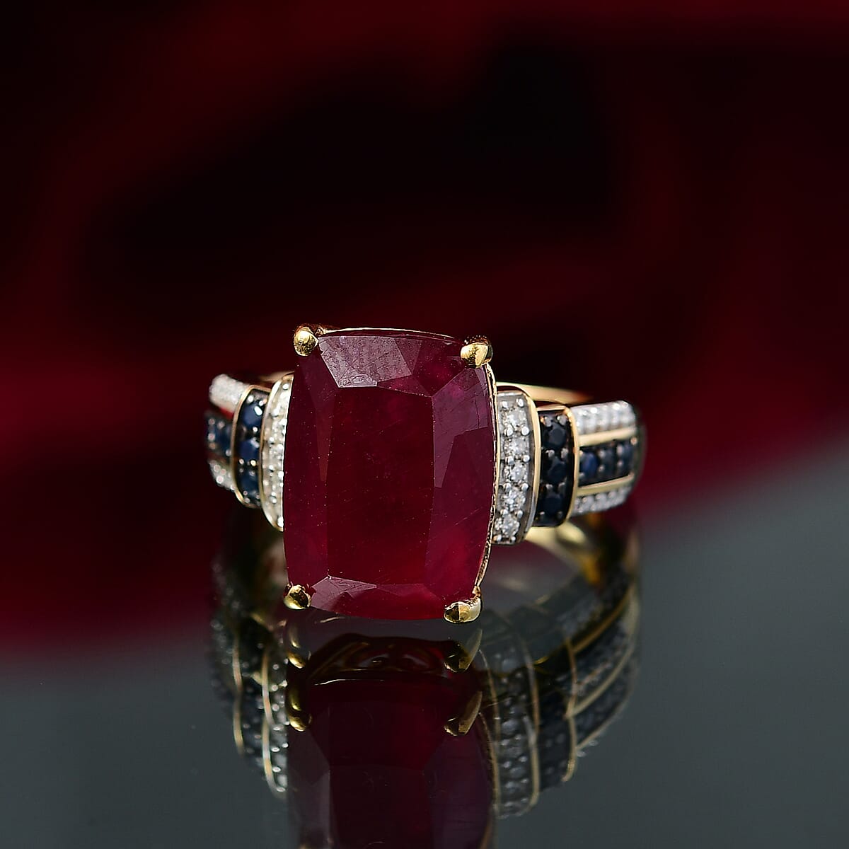 D'Joy Premium Niassa Ruby (FF) and Multi Gemstone 11.60 ctw Crimson Flower Ring in 18K Vermeil Yellow Gold Over Sterling Silver (Size 7.0) image number 1