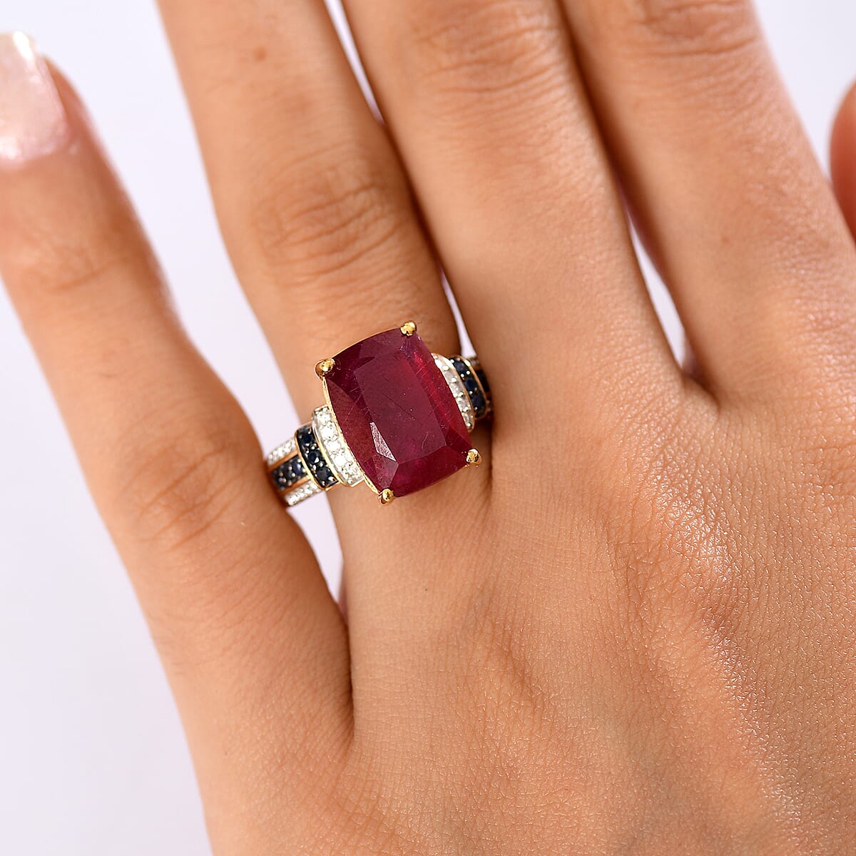 D'Joy Premium Niassa Ruby (FF) and Multi Gemstone 11.60 ctw Crimson Flower Ring in 18K Vermeil Yellow Gold Over Sterling Silver (Size 8.0) image number 2