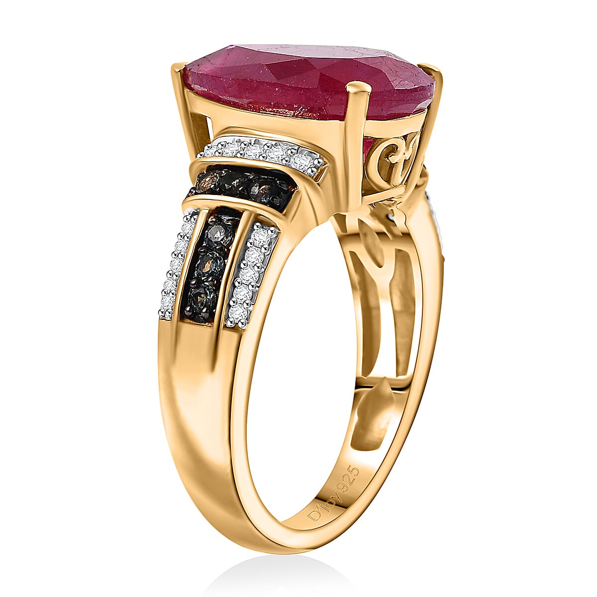 D'Joy Premium Niassa Ruby (FF) and Multi Gemstone 8.25 ctw Crimson Flower Ring in 18K Vermeil Yellow Gold Over Sterling Silver (Size 10.0) image number 3