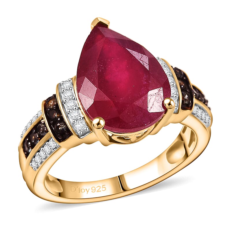 D'Joy Premium Niassa Ruby (FF) and Multi Gemstone 8.25 ctw Crimson Flower Ring in 18K Vermeil Yellow Gold Over Sterling Silver (Size 7.0)