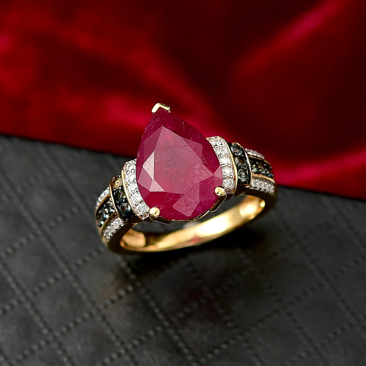 D'Joy Premium Niassa Ruby (FF) and Multi Gemstone 8.25 ctw Crimson Flower Ring in 18K Vermeil Yellow Gold Over Sterling Silver (Size 7.0) image number 1