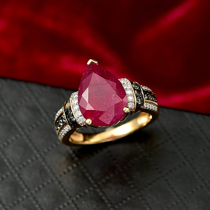 D'Joy Premium Niassa Ruby (FF) and Multi Gemstone 8.25 ctw Crimson Flower Ring in 18K Vermeil Yellow Gold Over Sterling Silver (Size 7.0)