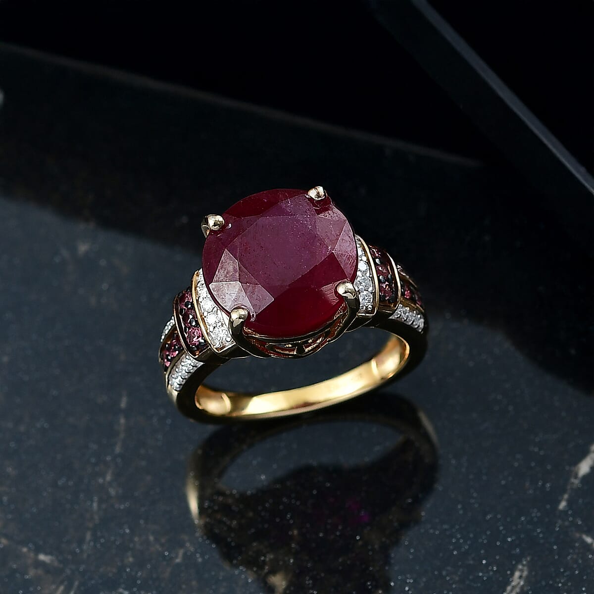 D'Joy Premium Niassa Ruby (FF) and Multi Gemstone 10.30 ctw Crimson Flower Ring in 18K Vermeil Yellow Gold Over Sterling Silver (Size 10.0) image number 1