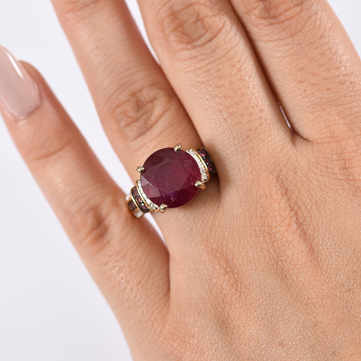 D'Joy Premium Niassa Ruby (FF) and Multi Gemstone 10.30 ctw Crimson Flower Ring in 18K Vermeil Yellow Gold Over Sterling Silver (Size 10.0) image number 2