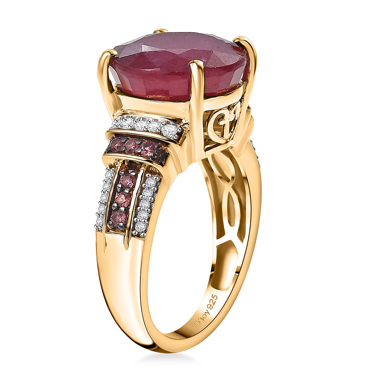 D'Joy Premium Niassa Ruby (FF) and Multi Gemstone 10.30 ctw Crimson Flower Ring in 18K Vermeil Yellow Gold Over Sterling Silver (Size 10.0) image number 3