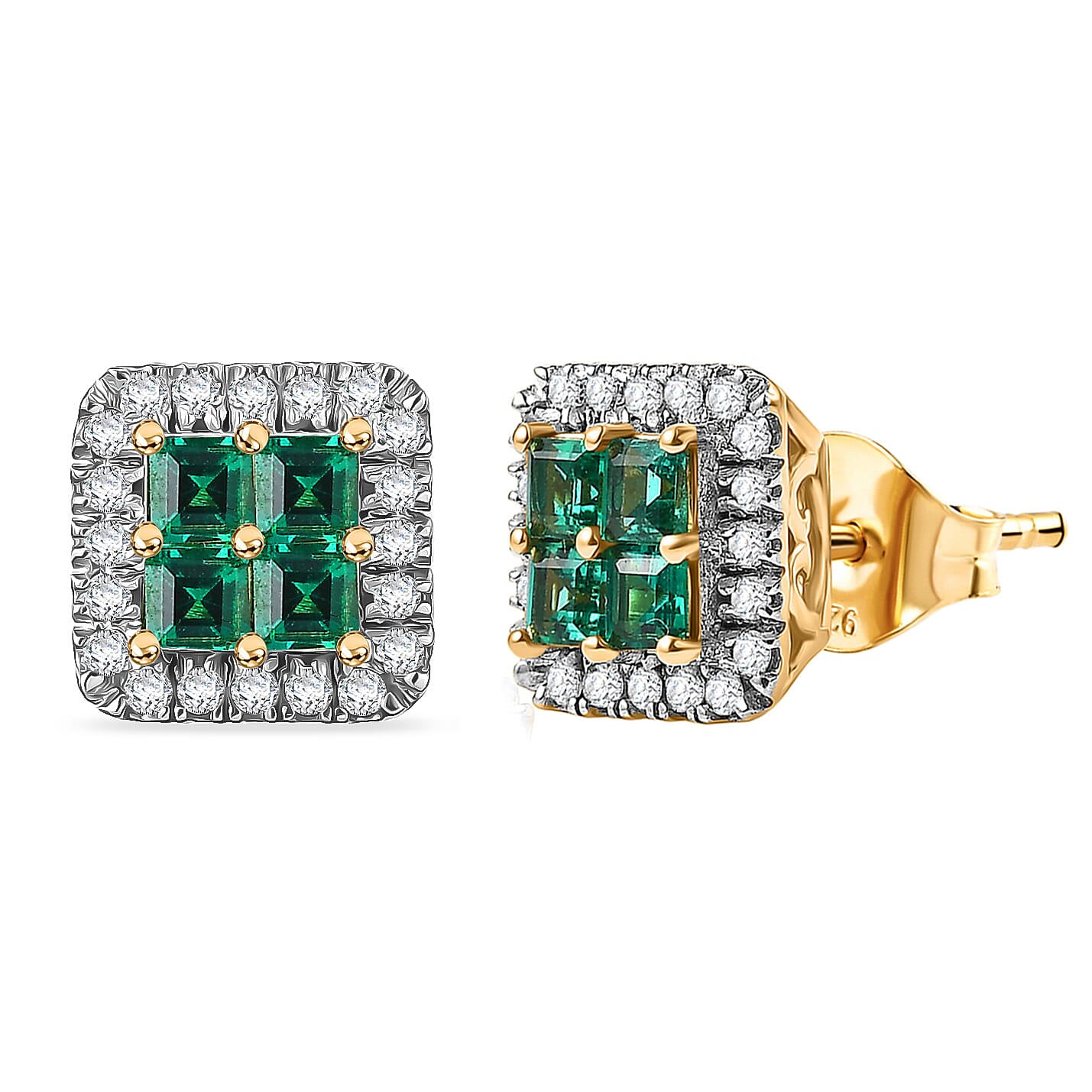 Premium Kagem Zambian Emerald and Luxuriant Lab Grown Diamond I1 1.00 ctw Earrings in 18K Vermeil Yellow Gold Over Sterling Silver