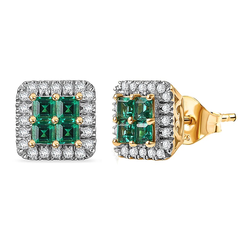 Premium Kagem Zambian Emerald and Luxuriant Lab Grown Diamond I1 1.00 ctw Earrings in 18K Vermeil Yellow Gold Over Sterling Silver