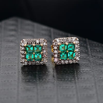 Premium Kagem Zambian Emerald and Luxuriant Lab Grown Diamond I1 1.00 ctw Earrings in 18K Vermeil Yellow Gold Over Sterling Silver