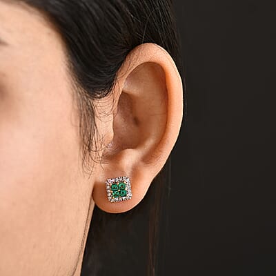 Premium Kagem Zambian Emerald and Luxuriant Lab Grown Diamond I1 1.00 ctw Earrings in 18K Vermeil Yellow Gold Over Sterling Silver