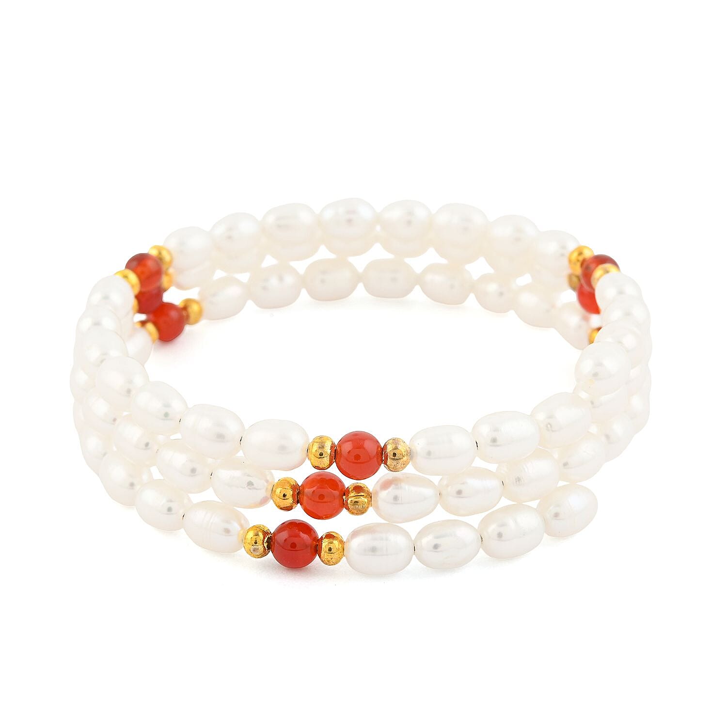 White Freshwater Pearls with Carnelian 7.00 ctw Beads Memory Wire Bracelet (7 In)